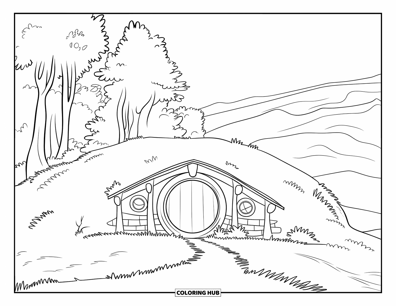 Huis Kleurplaat voor Kinderen: Een hobbitwoning met een pad en bomen in een vallei