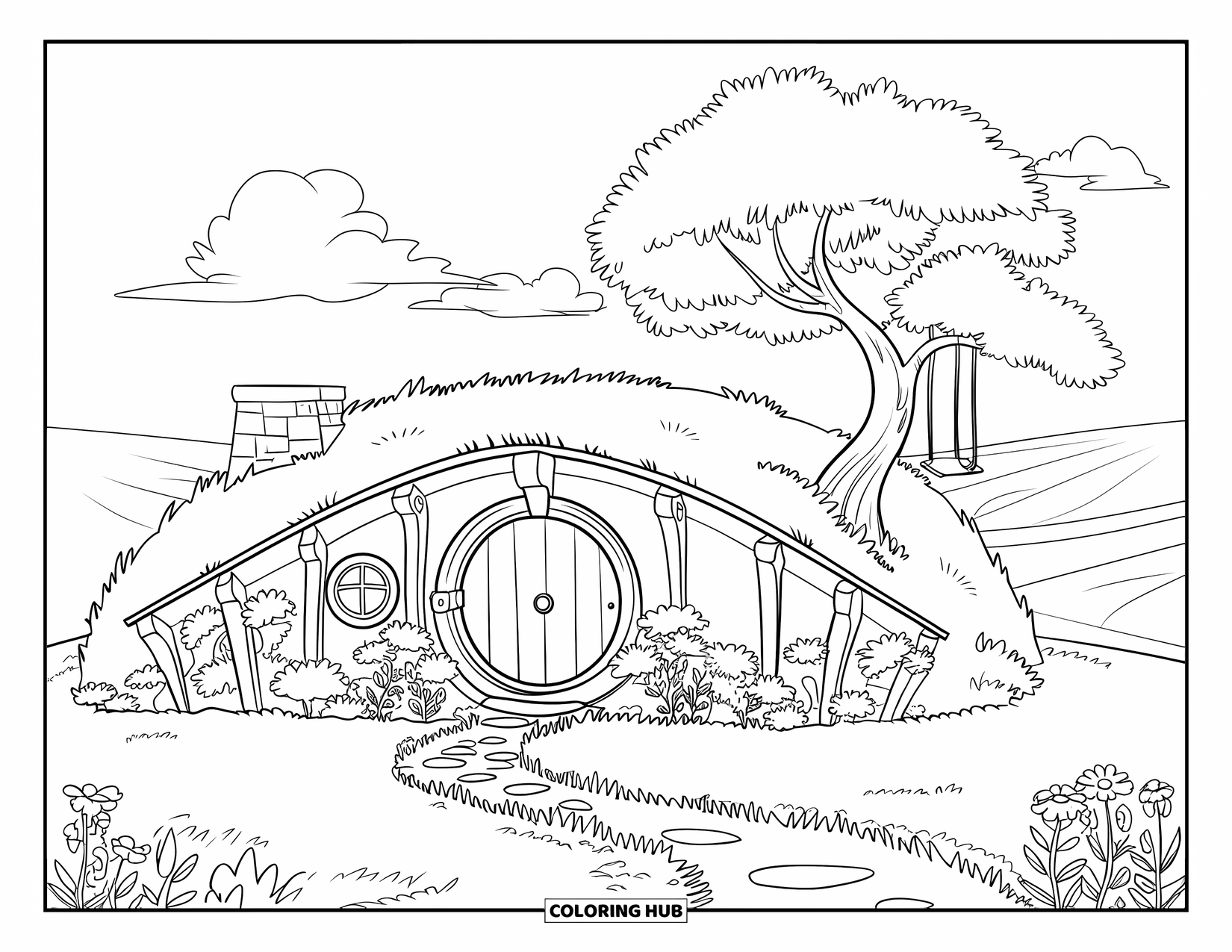 Huis Kleurplaat voor Kinderen: Een hobbitwoning met een schommel en een met bloemen omzoomd pad