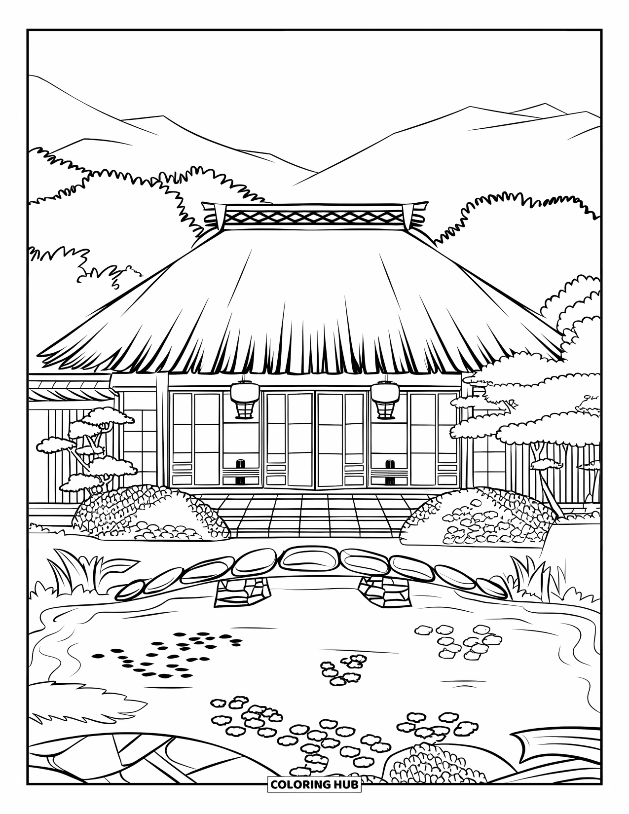 Huis Kleurplaat voor Kinderen: Een Japans geïnspireerd huis met schuifdeuren, lantaarns en een koivijver ervoor