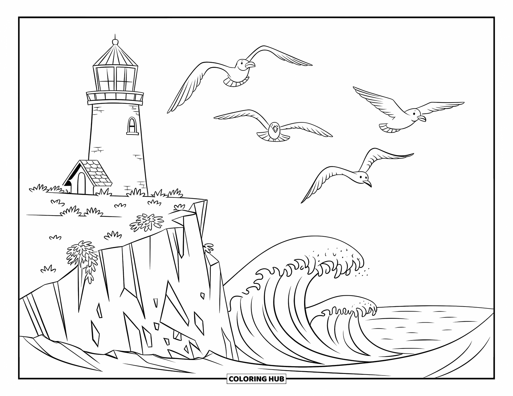 Huis Kleurplaat voor Kinderen: Een vuurtoren op een klif, omringd door neerstortende golven en zwevende meeuwen