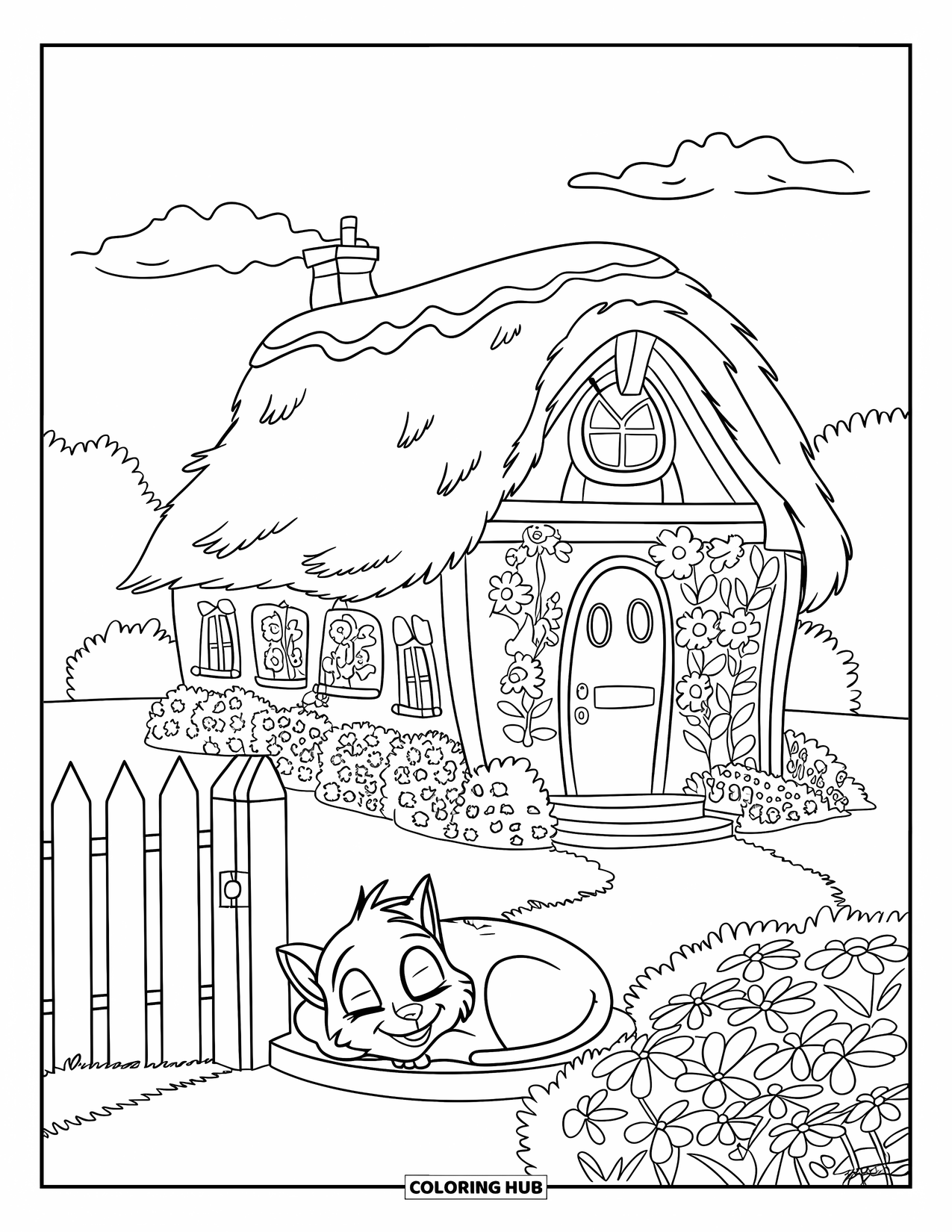 Huis Kleurplaat voor Kinderen: Een klein huisje met een bloementuin en een kat op de stoep