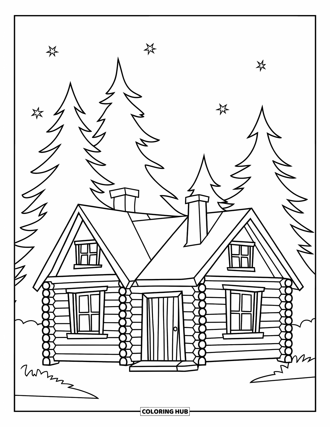 Huis Kleurplaat voor Kinderen: Een blokhut in een bos met sterren erboven