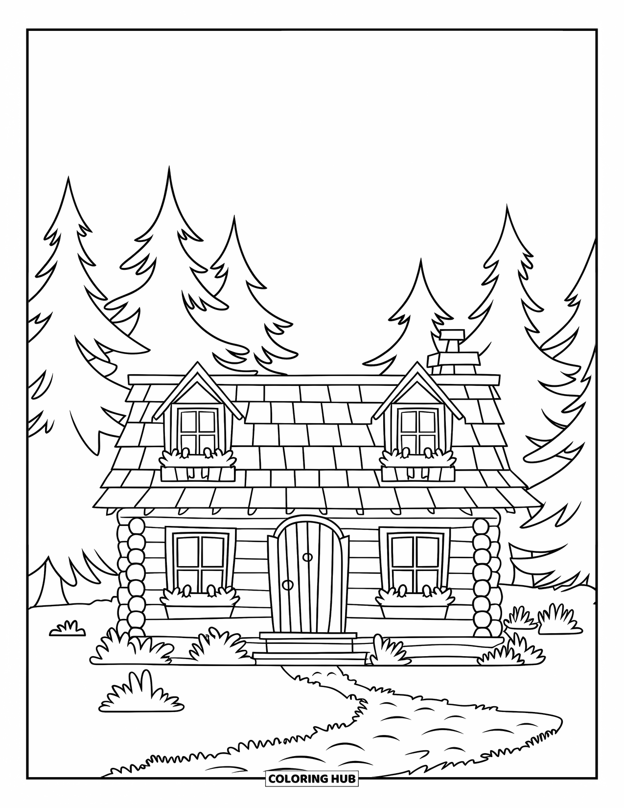 Huis Kleurplaat voor Kinderen: Een blokhut met een pad, schoorsteen en pijnbomen