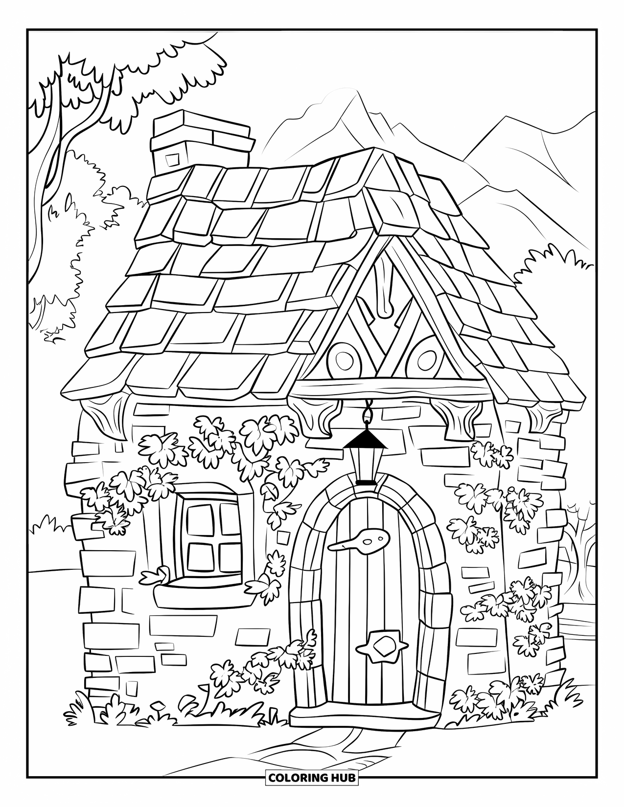 Huis Kleurplaat voor Kinderen: Een middeleeuws stenen huisje met met klimop begroeide muren, een houten deur en een warme lantaarn
