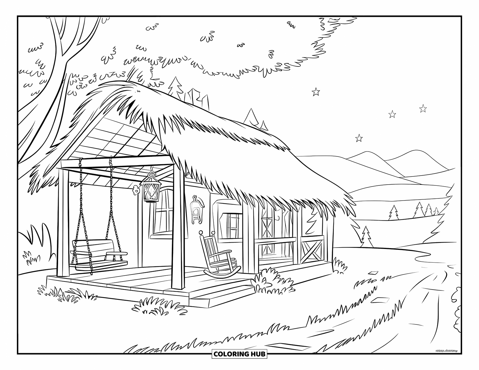 Huis Kleurplaat voor Kinderen: Een vredige hut omringd door groen met bergen en sterren erboven