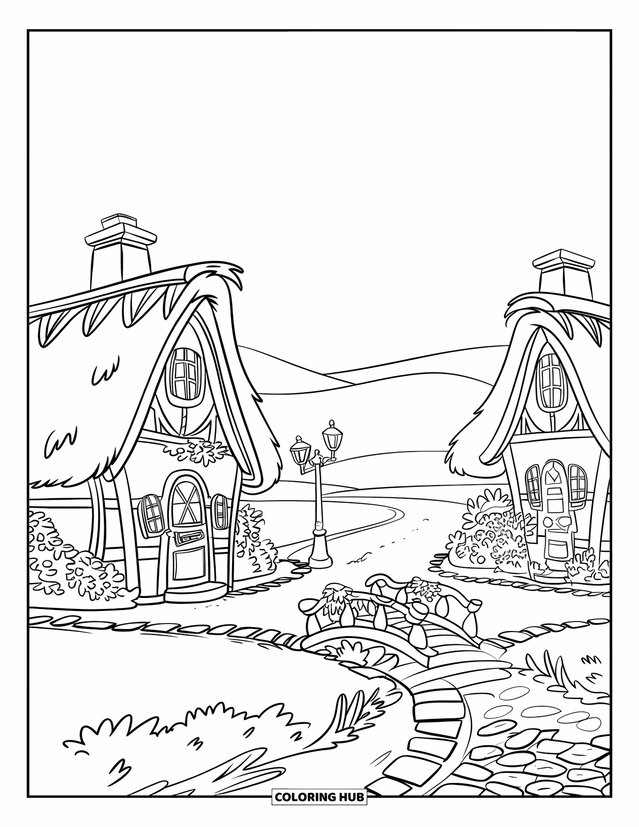 Huis Kleurplaat voor Kinderen: Een vredige dorpsstraat met huizen met rieten daken, geplaveide paden en een kleine brug