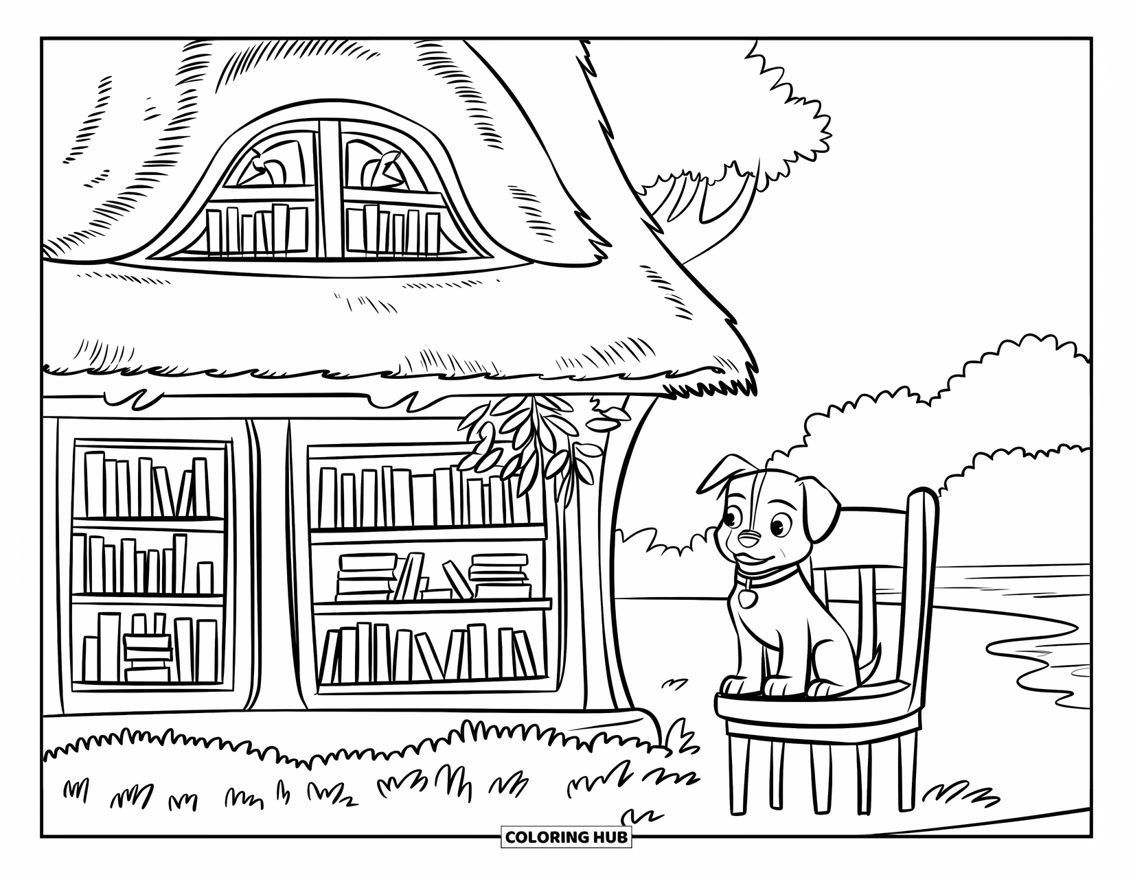 Huis Kleurplaat voor Kinderen: Een schilderachtige boekhandel met een rieten dak, planken vol boeken en een puppy op een stoel