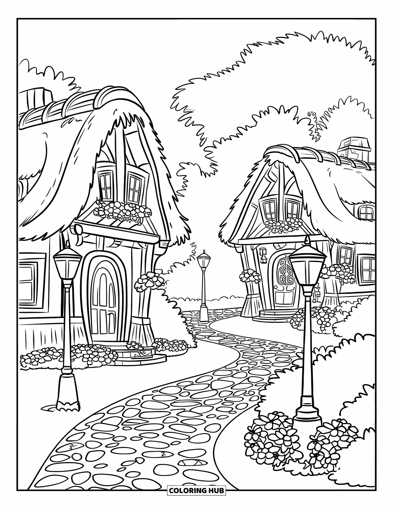 Huis Kleurplaat voor Kinderen: Een schilderachtige dorpsstraat met geplaveide paden, gezellige huizen en bloeiende bloemen