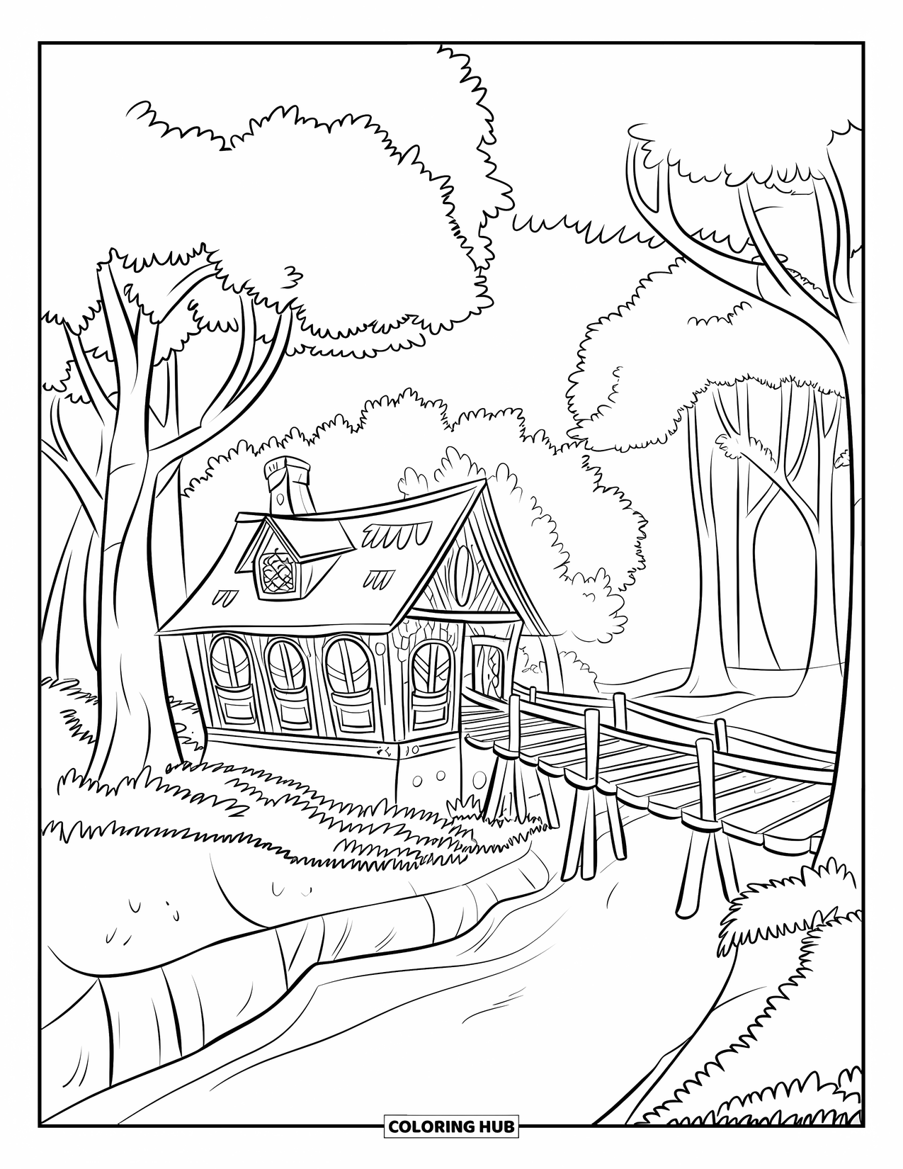 Huis Kleurplaat voor Kinderen: Een hut aan de rivier in het bos met een schoorsteen, houten brug en hoge bomen