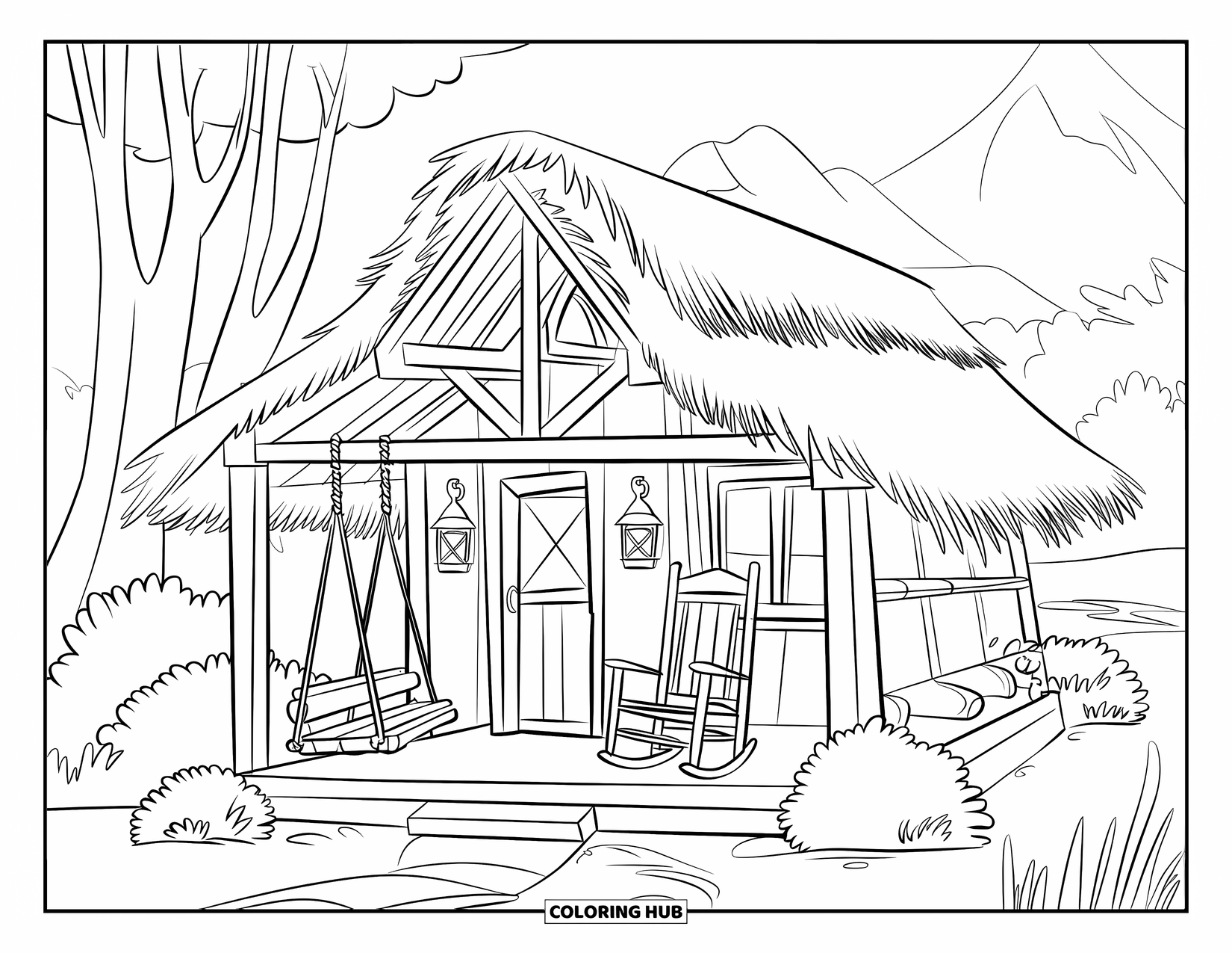 Huis Kleurplaat voor Kinderen: Een rustieke blokhut met een schommelbank en bergen in de verte