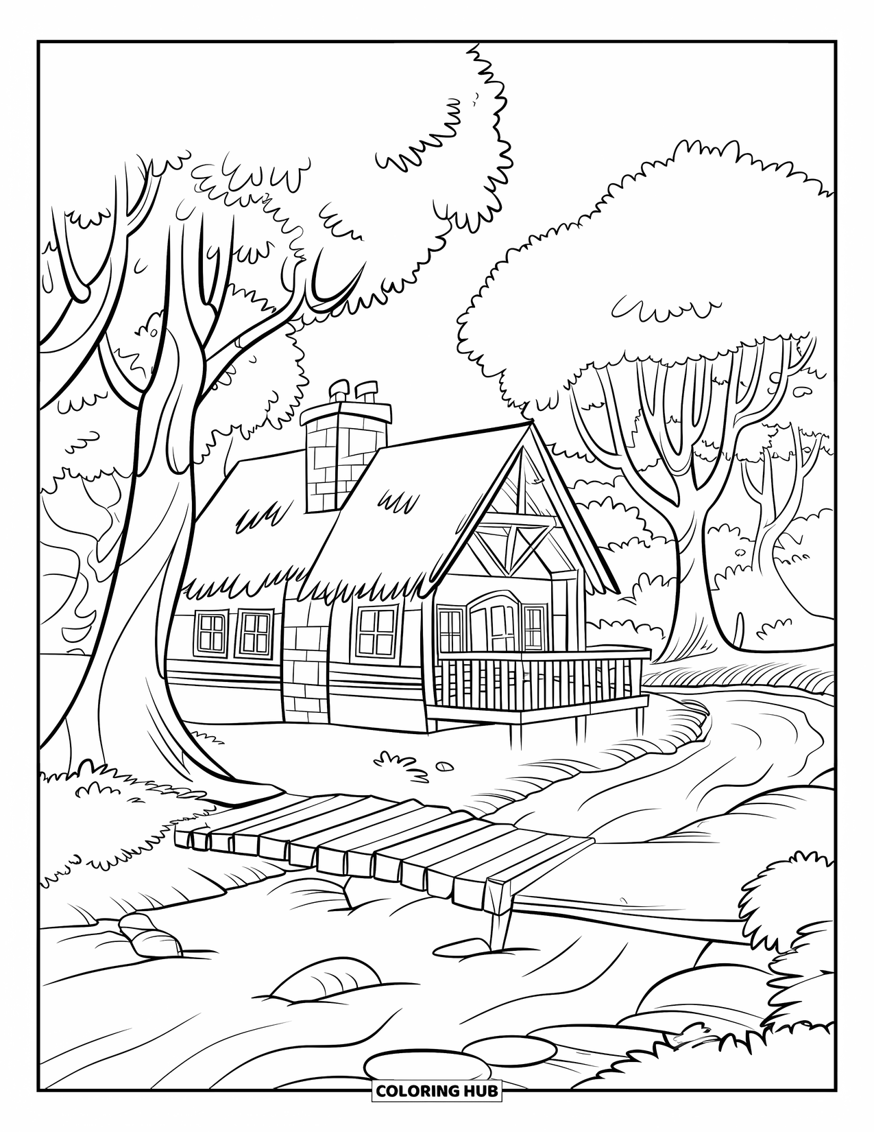 Huis Kleurplaat voor Kinderen: Een serene boshut met een schoorsteen, een rivier en gladde stenen beneden