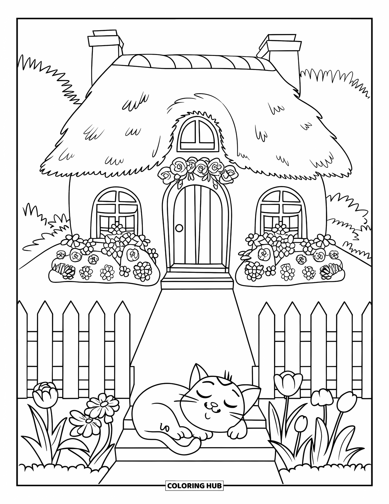 Huis Kleurplaat voor Kinderen: Een klein huis met een bloementuin en een duttende kat