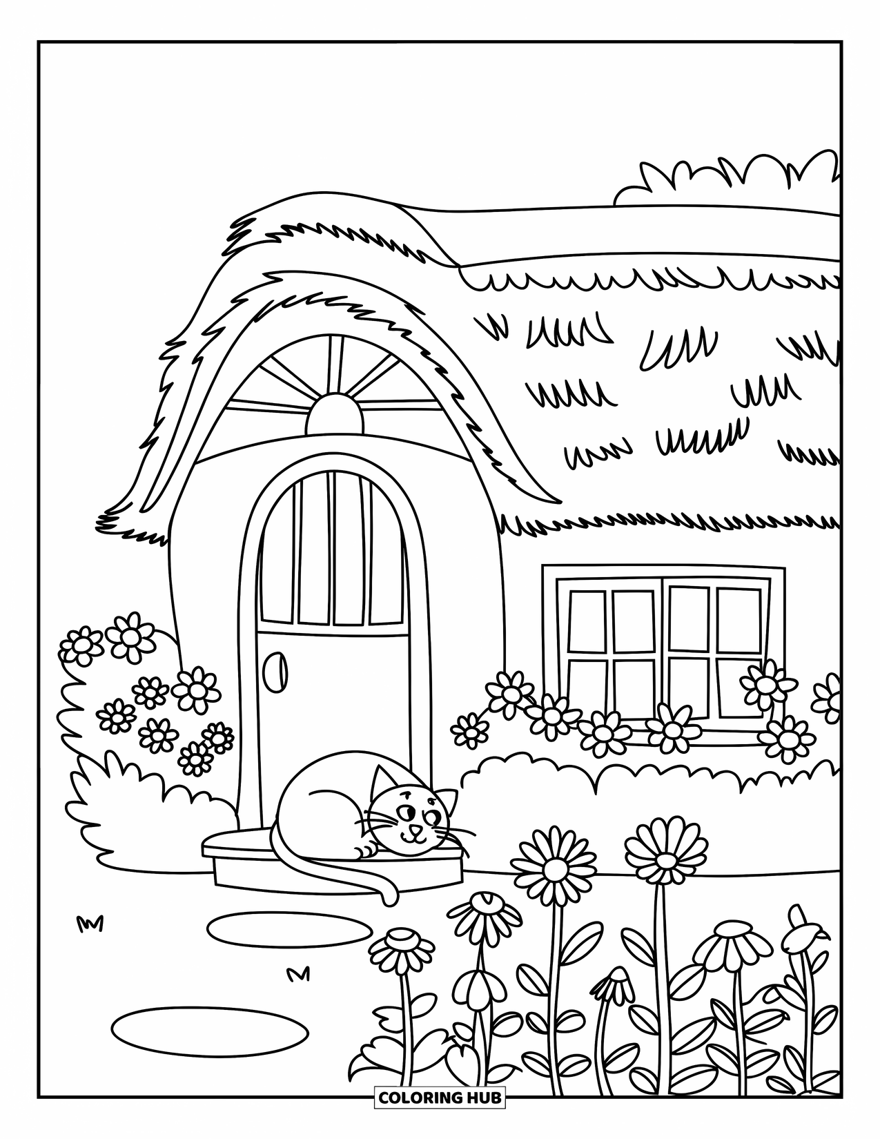 Huis Kleurplaat voor Kinderen: Een klein huis met bloemen, een kat en een heldere lucht