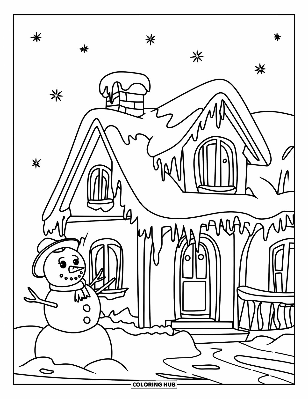 Huis Kleurplaat voor Kinderen: Een besneeuwd huis met ijspegels, een sneeuwpop en een sterrenhemel