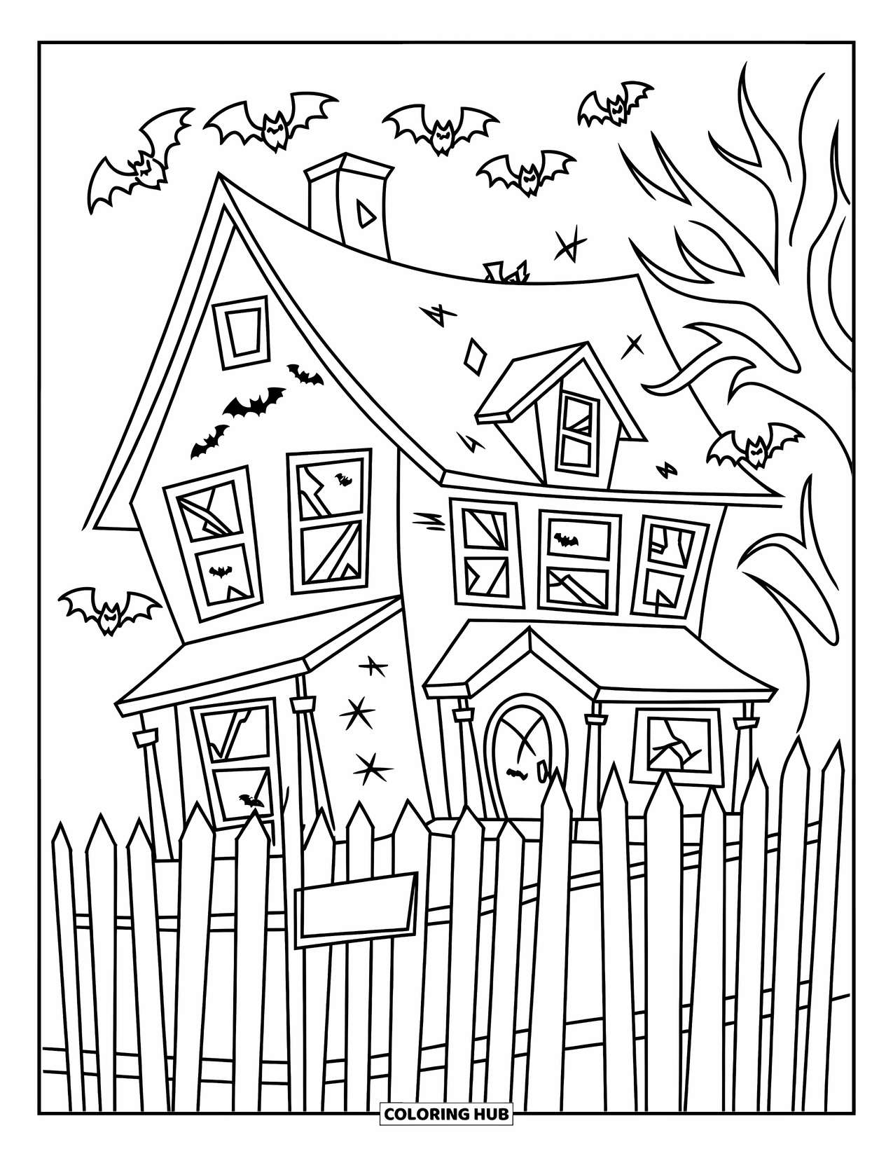 Huis Kleurplaat voor Kinderen: Een spookachtig spookhuis met gebroken ramen, vleermuizen en een krom hek
