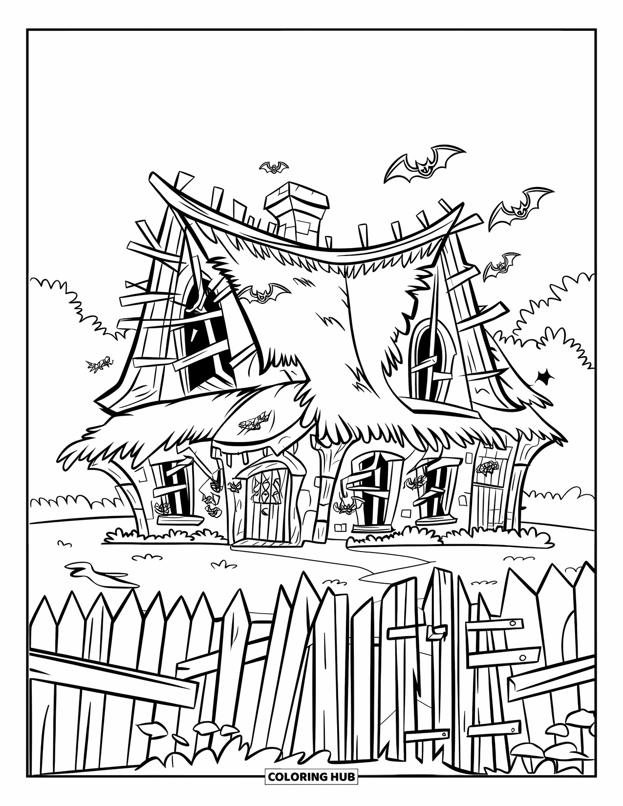 Huis Kleurplaat voor Kinderen: Een spookachtig huis met gebroken ramen, vleermuizen en een krom hek in een grasveld