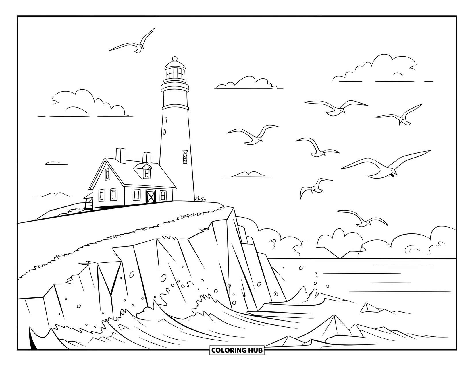Huis Kleurplaat voor Kinderen: Een gestreepte vuurtoren op een rotsachtige klif, golven die eronder neerstorten en meeuwen erboven