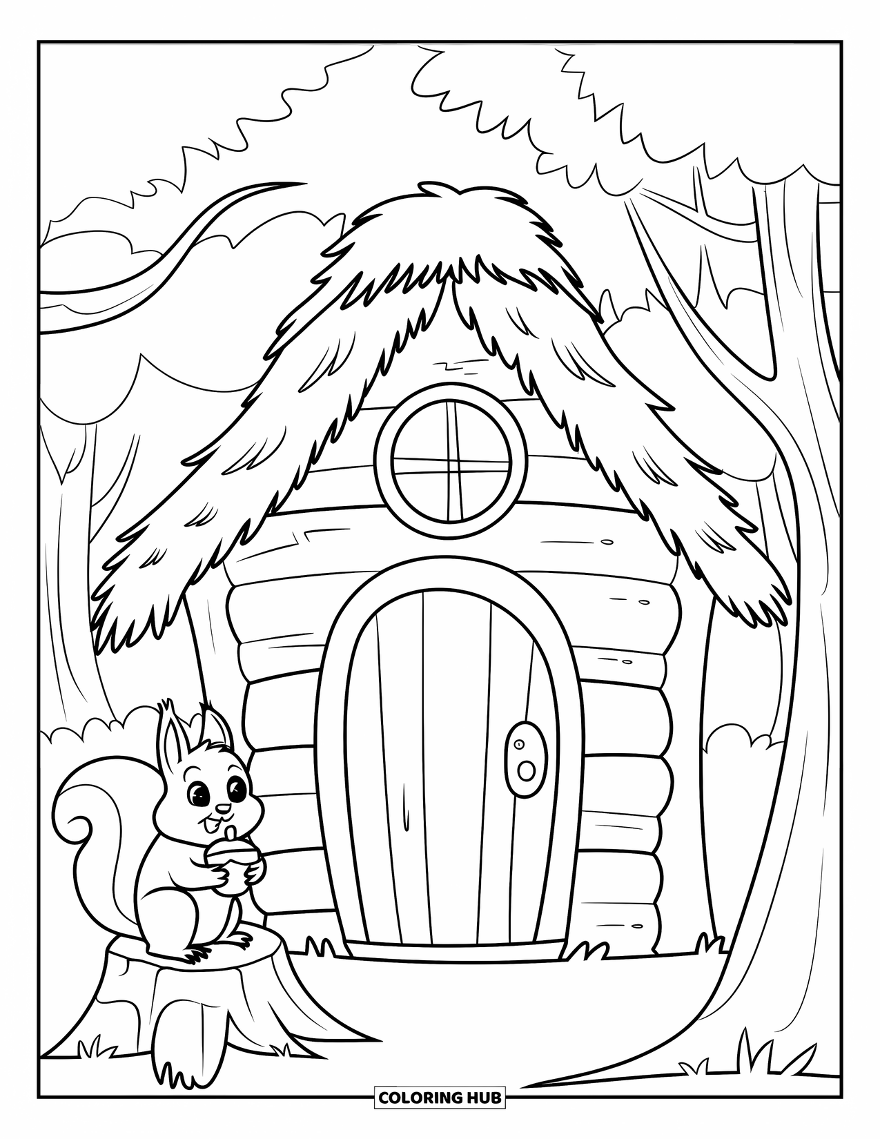 Huis Kleurplaat voor Kinderen: Een klein hutje in een bos met een eekhoorn in de buurt