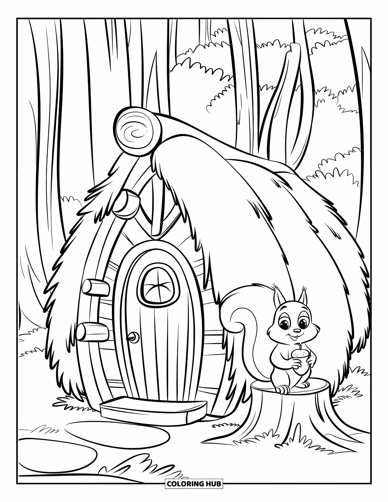 Huis Kleurplaat voor Kinderen: Een klein hutje met een eekhoorn die een eikel vasthoudt in de buurt