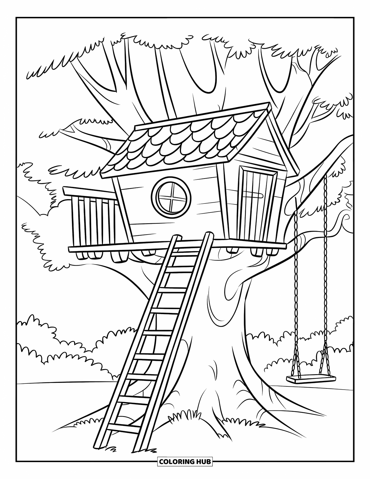 Huis Kleurplaat voor Kinderen: Een boomhut met een ladder, rond raam en een schommel aan een stevige boom
