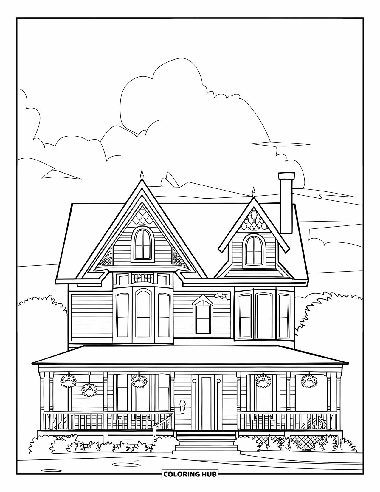 Huis Kleurplaat voor Kinderen: Een Victoriaans huis met hoge ramen, een veranda en hangplanten