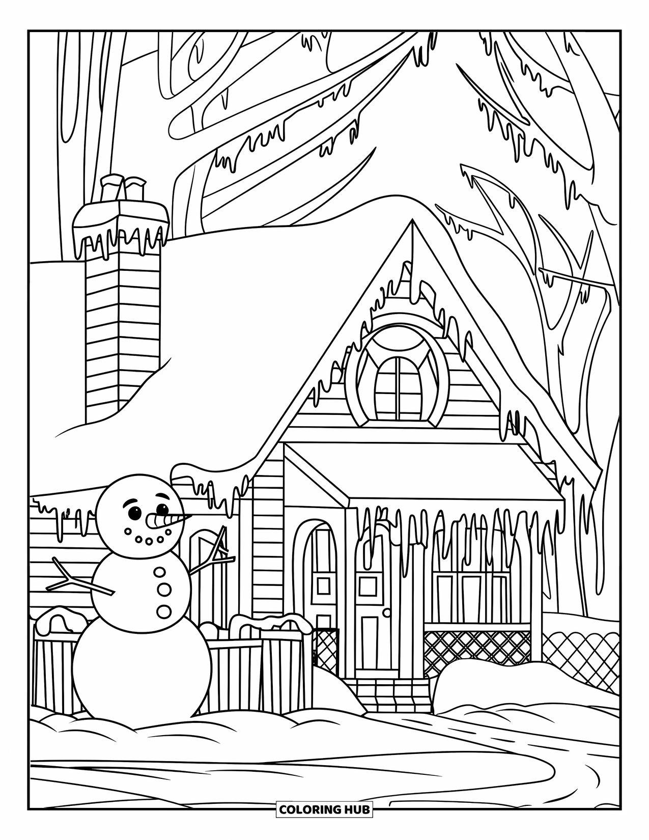 Huis Kleurplaat voor Kinderen: Een winterhuis met sneeuw, een sneeuwpop en ijspegels aan de bomen