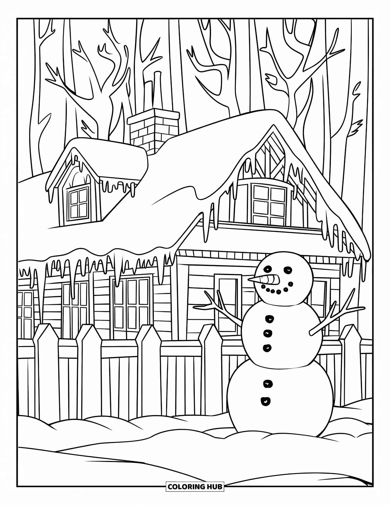 Huis Kleurplaat voor Kinderen: Een winterhuis met sneeuw, ijspegels en een sneeuwpop bij het hek