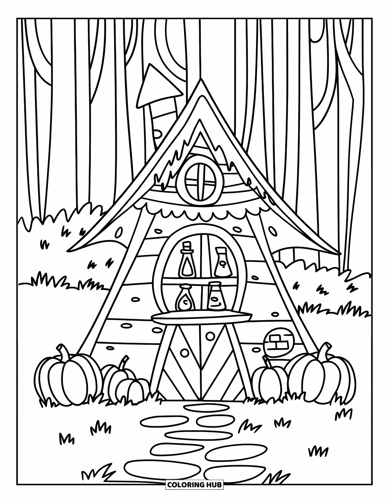 Huis Kleurplaat voor Kinderen: Een heksenhut met een pad, pompoenen en toverdrankflessen