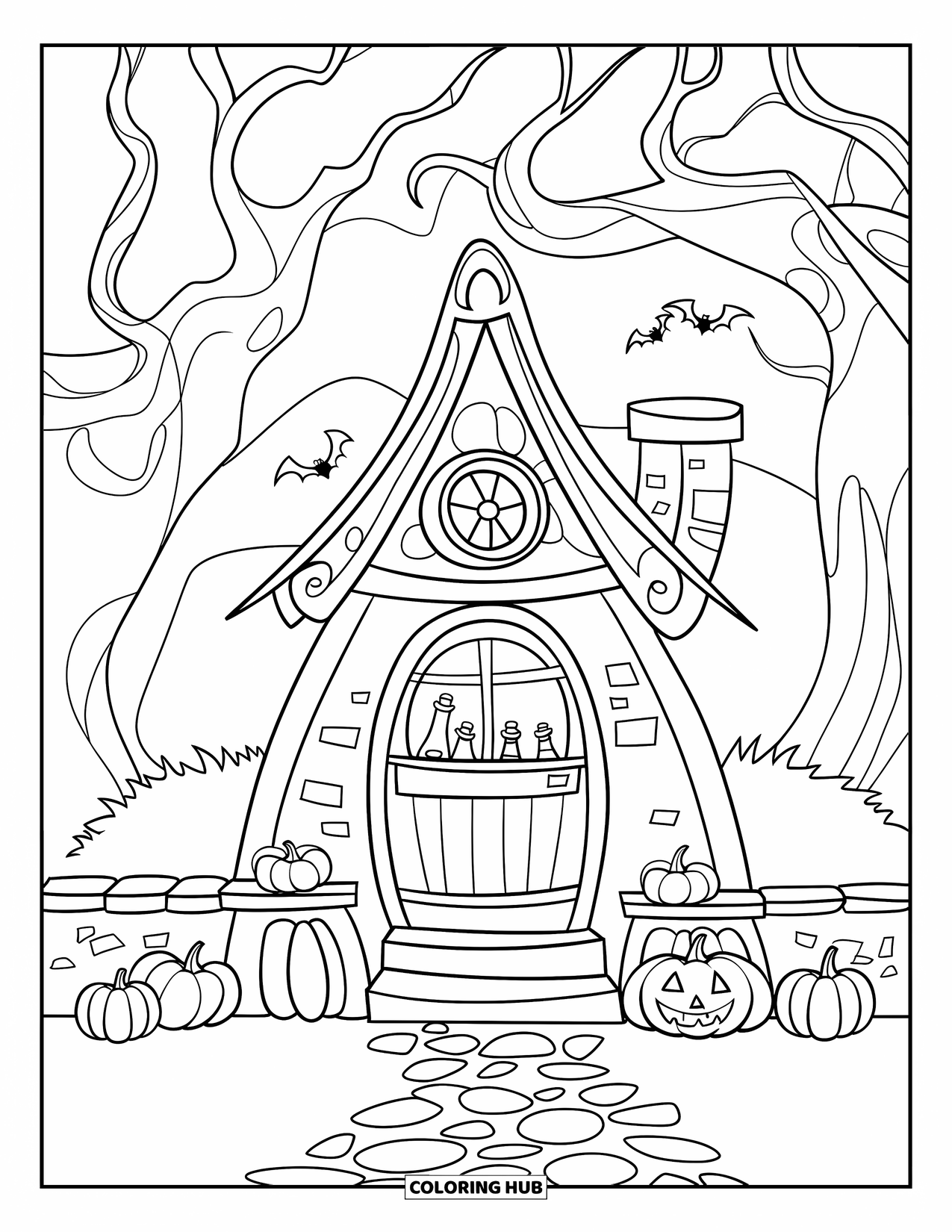Huis Kleurplaat voor Kinderen: Een heksenhut met pompoenen, een stenen muur en gedraaide bomen