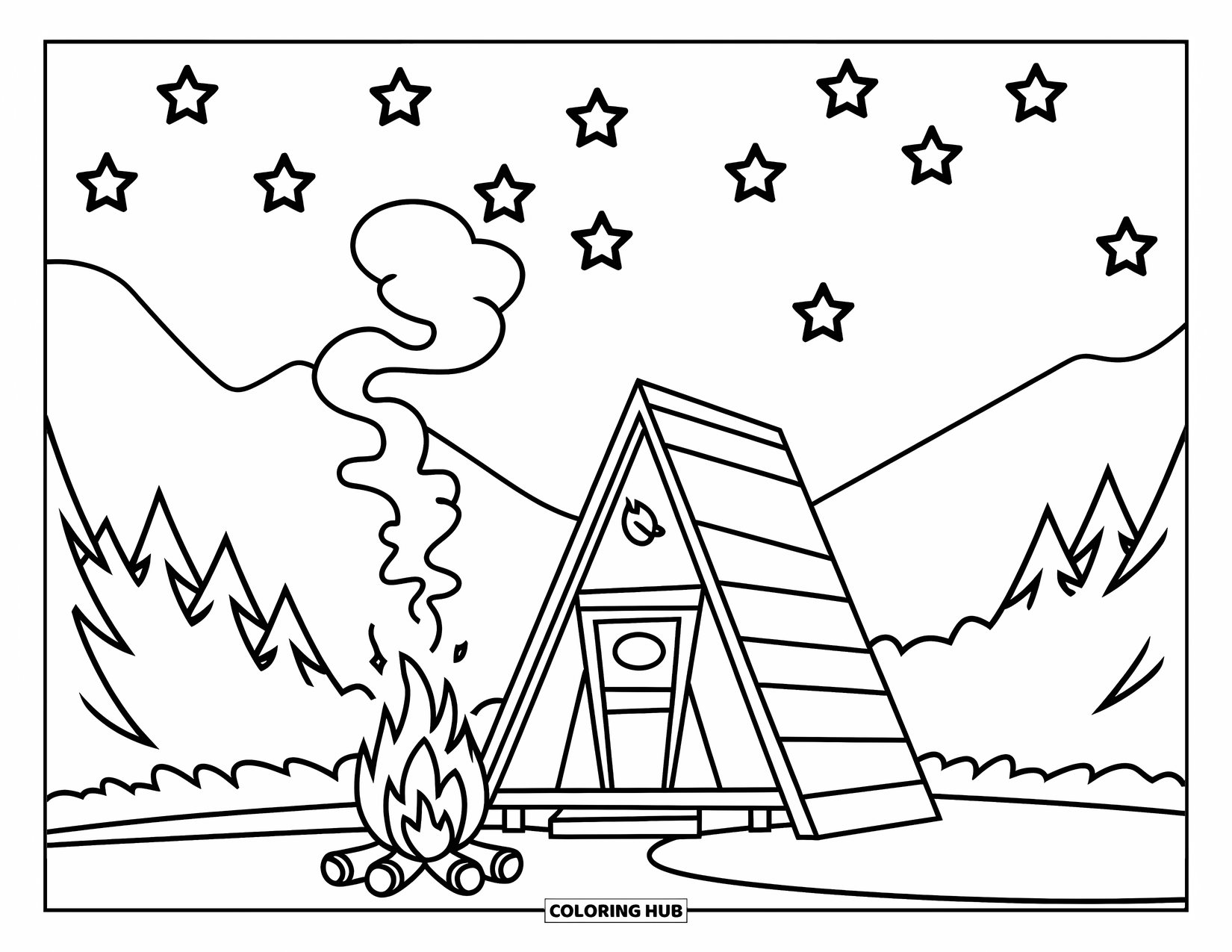 Huis Kleurplaat voor Kinderen: Een A-frame hut met een kampvuur en bergen in de verte