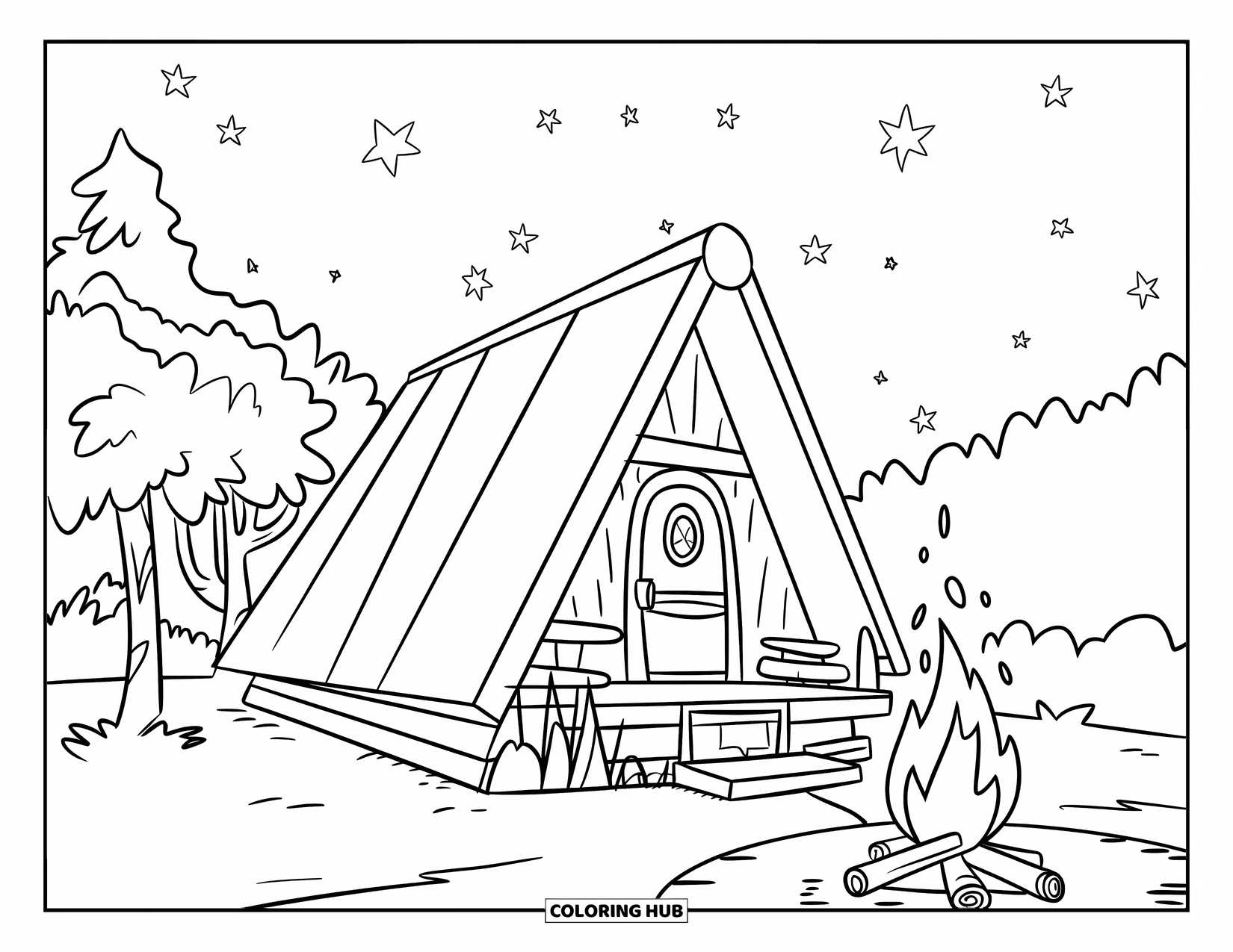 Huis Kleurplaat voor Kinderen: Een A-frame hut met een kampvuur en een sterrenhemel