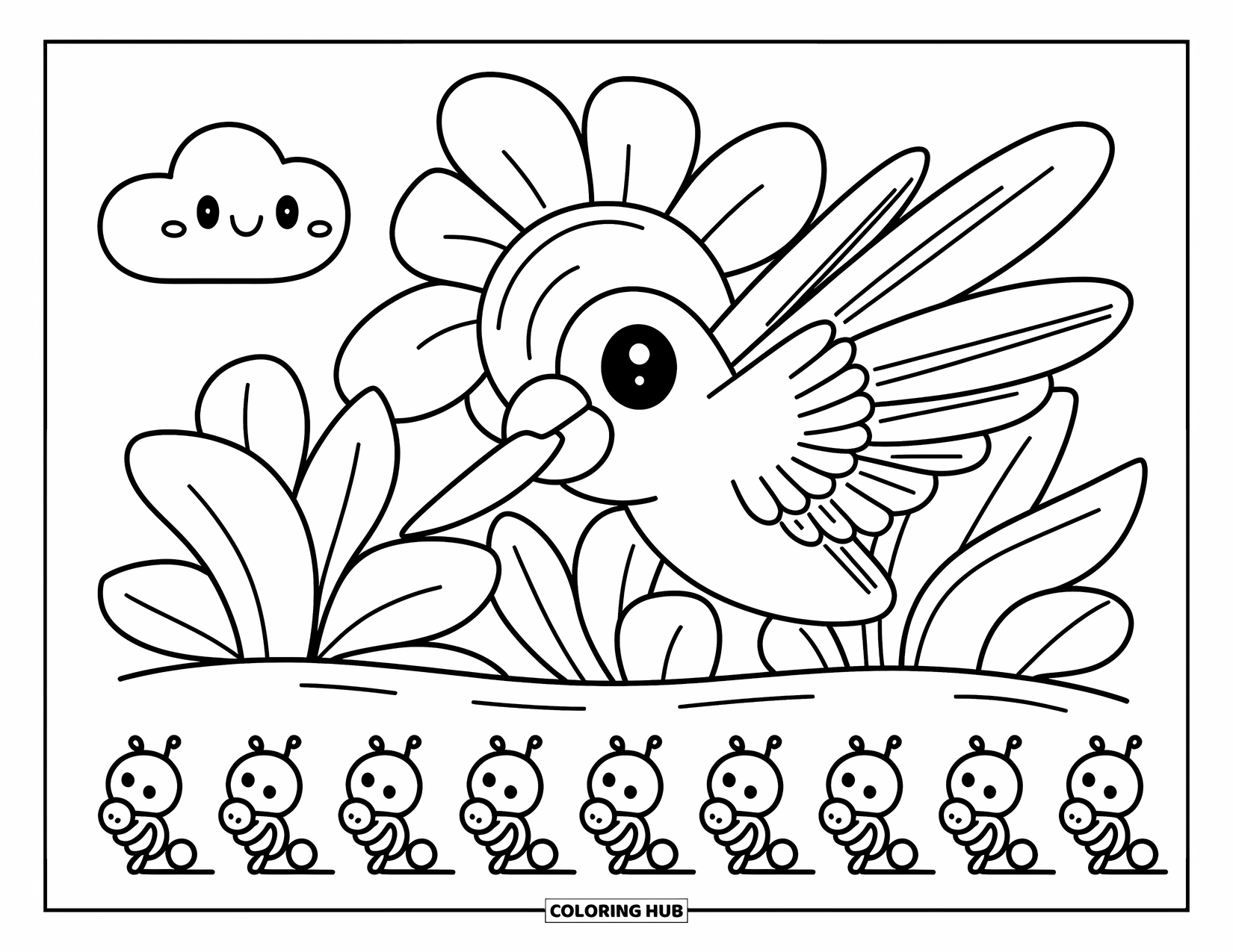 Kolibrie Kleurplaat voor Volwassenen: Een nieuwsgierige kolibrie verstopt zich achter een tropische bloem terwijl mieren fruit eronder dragen