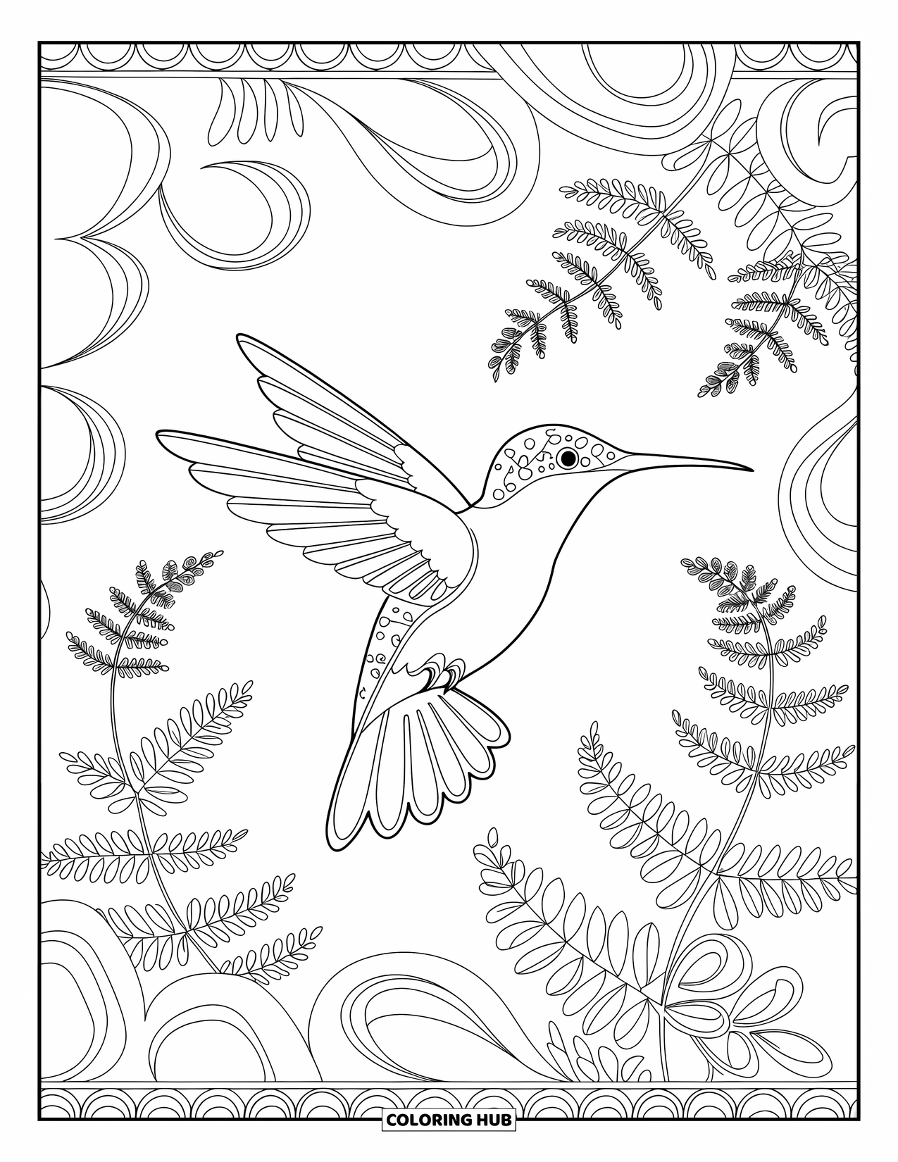Kolibrie Kleurplaat voor Volwassenen: Een hartvormig kolibrie-ontwerp is omgeven door spiralen en bladachtige details