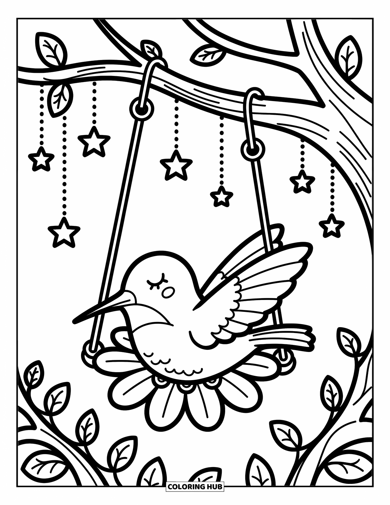 Kolibrie Kleurplaat voor Volwassenen: Een kolibrie dommelt in een bloemenschommel onder sterren en krullende wijnranken