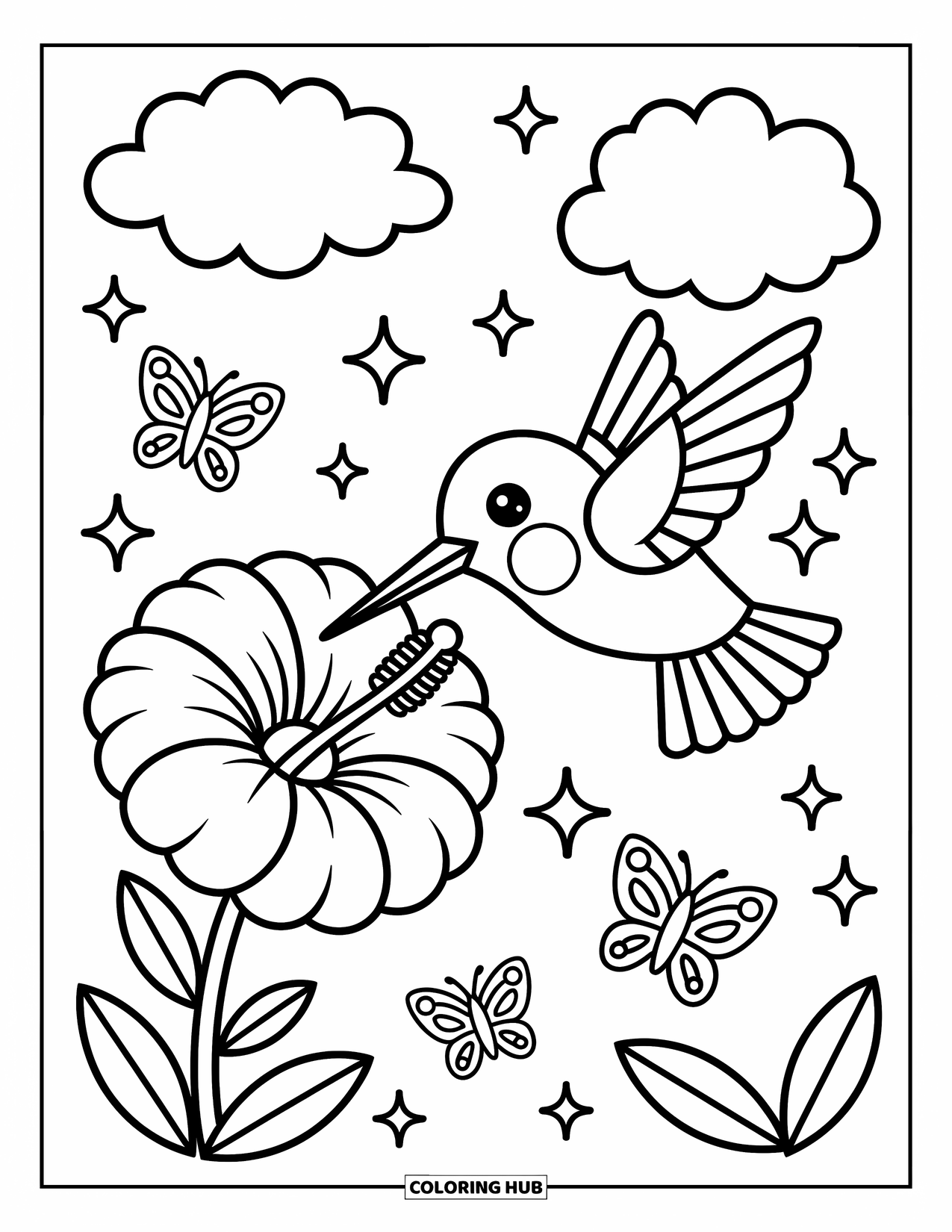 Kolibrie Kleurplaat voor Volwassenen: Een kolibrie drinkt uit een grote bloem terwijl vlinders en wolken eromheen zweven