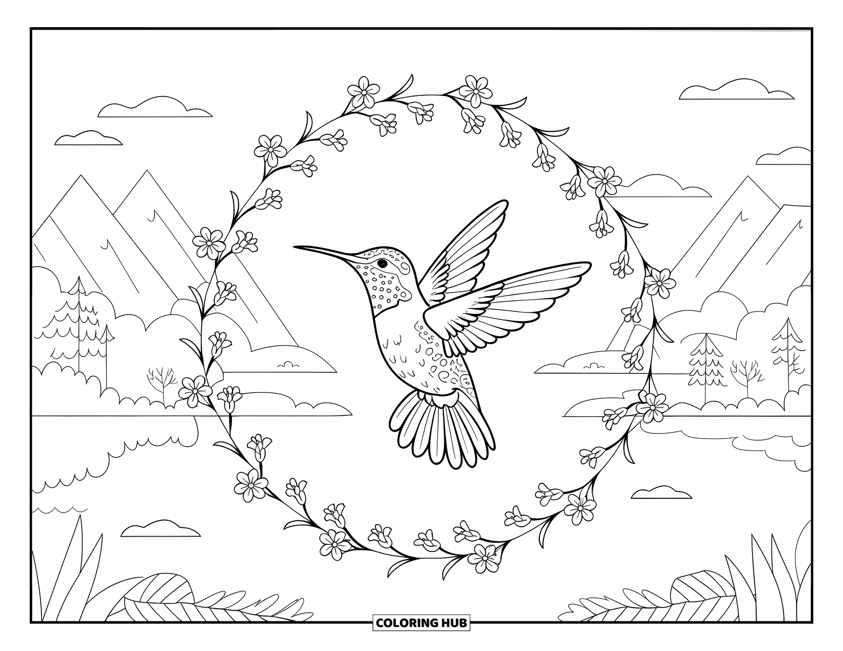 Kolibrie Kleurplaat voor Volwassenen: Een kolibrie vliegt boven een bloeiende krans in de buurt van bomen en een vredig meer