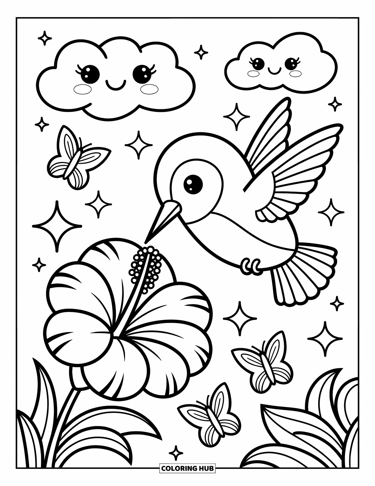 Kolibrie Kleurplaat voor Volwassenen: Een kolibrie zweeft in de buurt van een hibiscus omringd door fonkels, vlinders en vrolijke wolken
