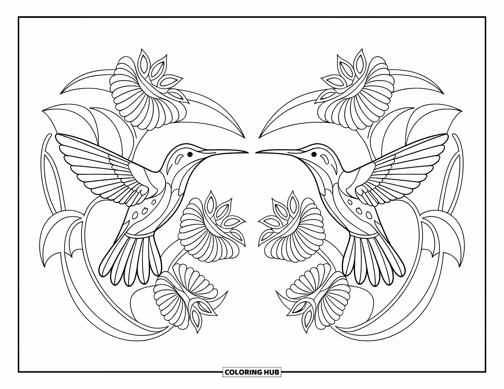 Kolibrie Kleurplaat voor Volwassenen: Een kolibrie zit op een bloem in een prachtig spiegelbeeldontwerp