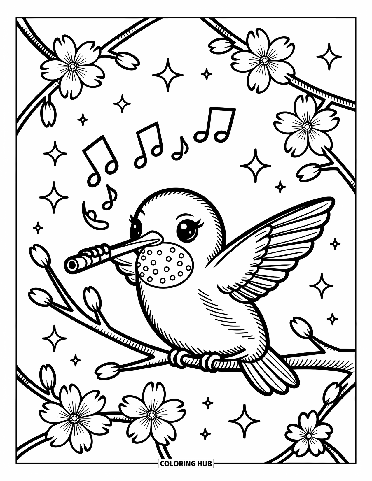 Kolibrie Kleurplaat voor Volwassenen: Een kolibrie speelt een kleine fluit terwijl bloemblaadjes en fonkels rondzweven