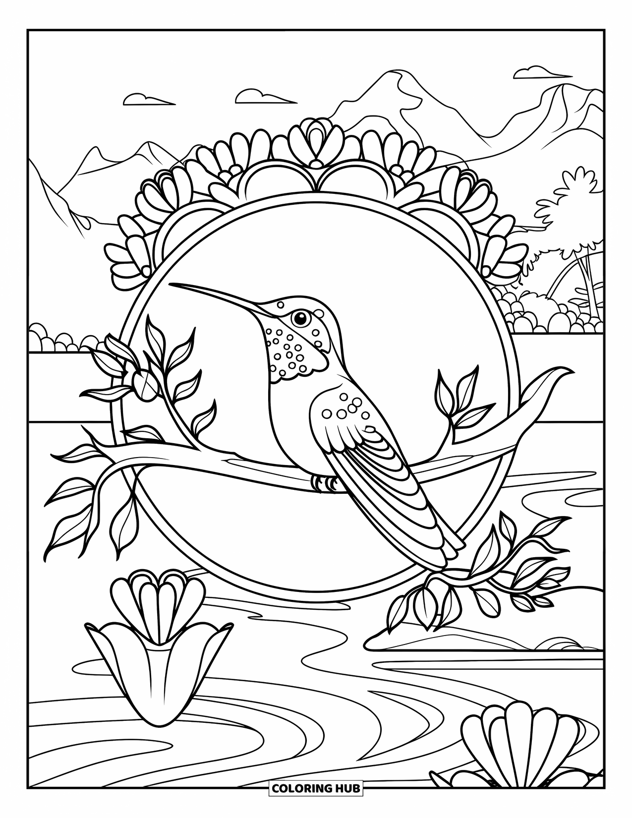 Kolibrie Kleurplaat voor Volwassenen: Een kolibrie ontspant zich op een tak, omringd door bloemen en een kalm landschap