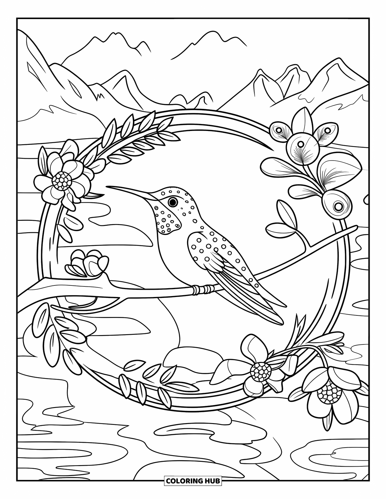 Kolibrie Kleurplaat voor Volwassenen: Een kolibrie rust tussen zen-geïnspireerde bloemen in de buurt van bergen en bomen