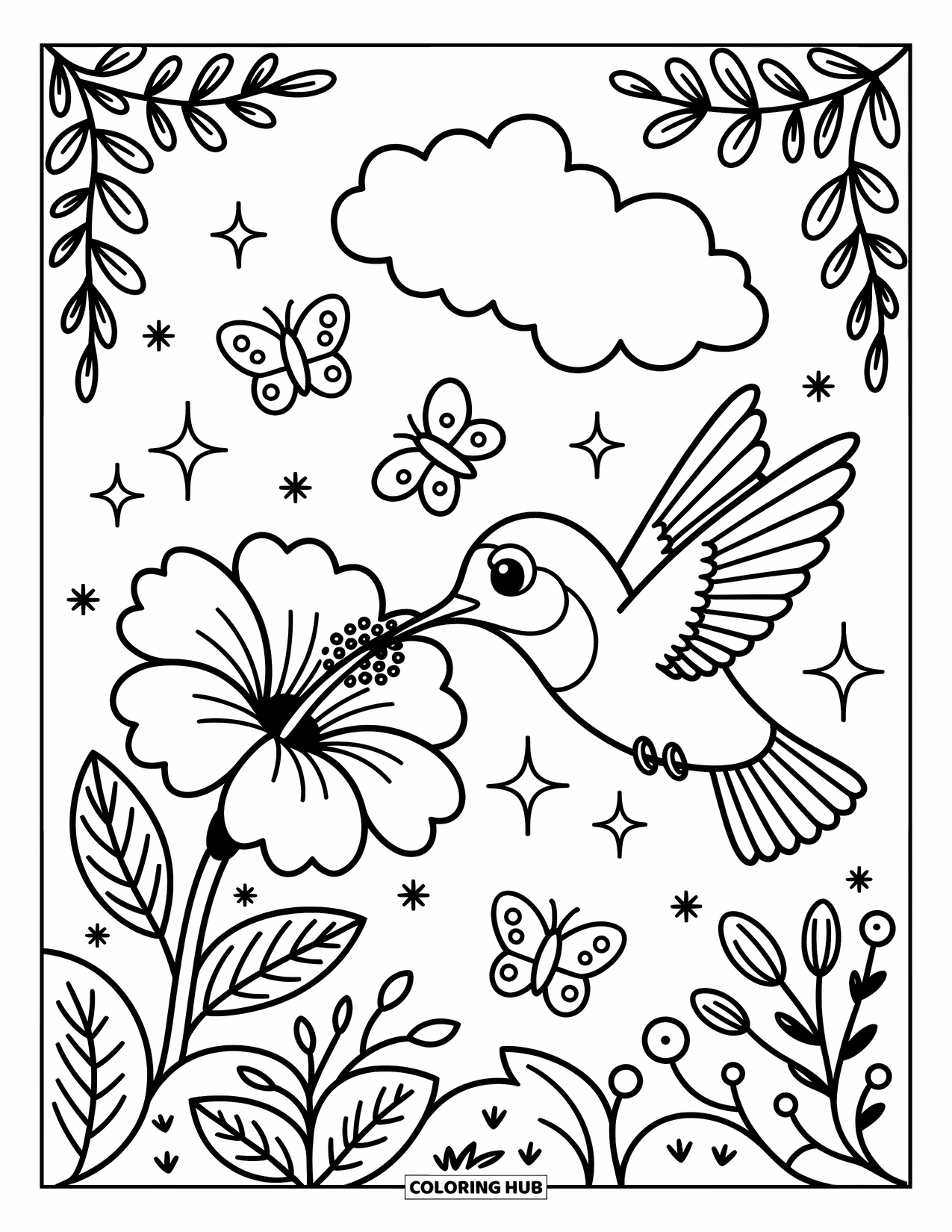 Kolibrie Kleurplaat voor Volwassenen: Een kolibrie drinkt nectar uit een hibiscus met vlinders en lachende wolken in de buurt