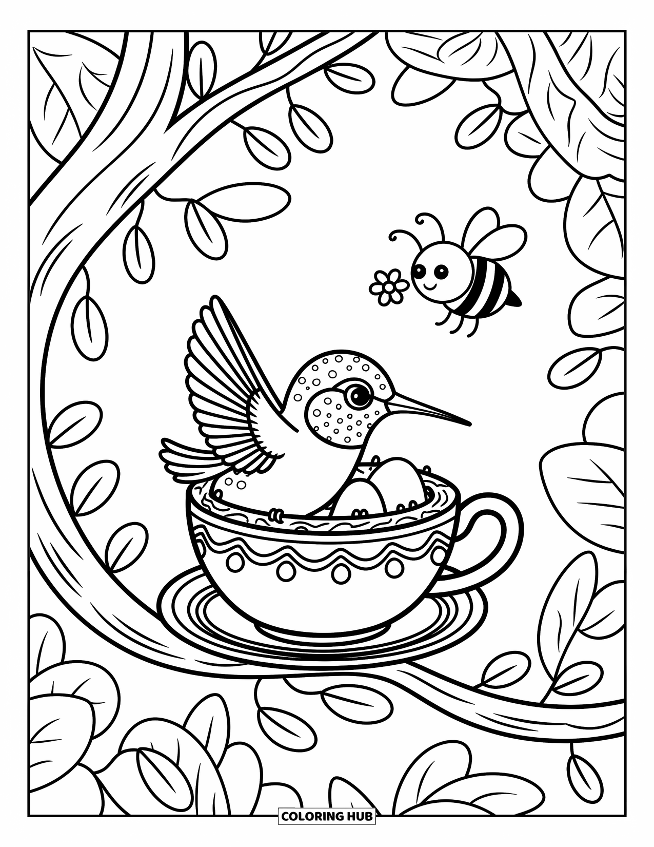 Kolibrie Kleurplaat voor Volwassenen: Een kolibrie zit in een theekopnest terwijl een nieuwsgierige bij in de buurt zweeft