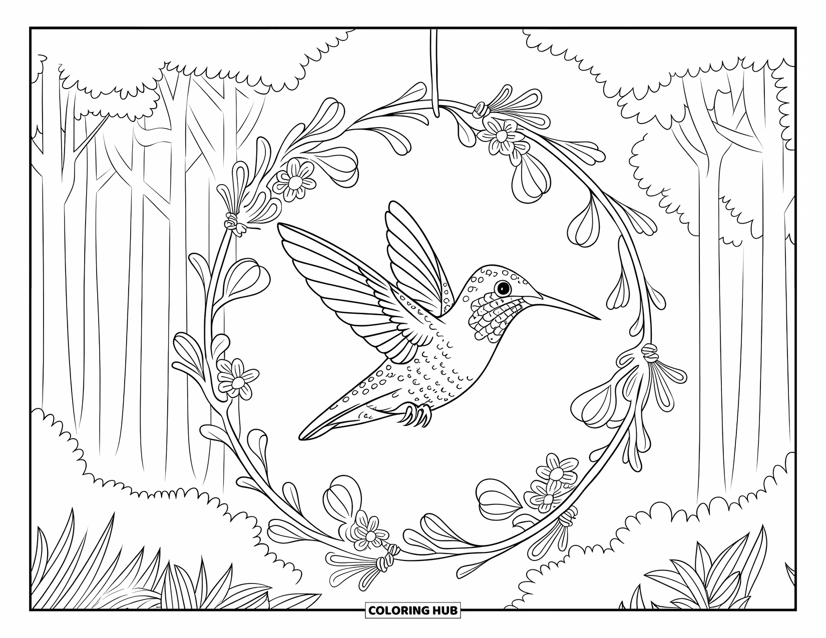 Kolibrie Kleurplaat voor Volwassenen: Een kolibrie zweeft door een krans die aan een boomtak hangt