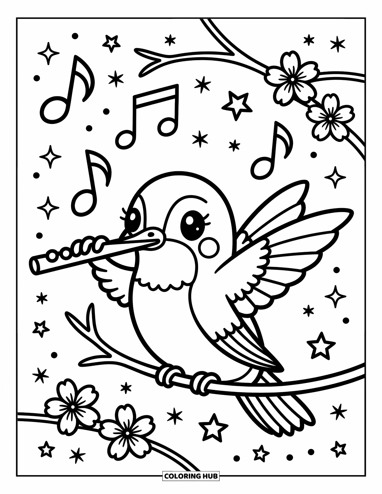 Kolibrie Kleurplaat voor Volwassenen: Een klein vogeltje speelt fluit terwijl muziek wervelt en sterren erboven twinkelen