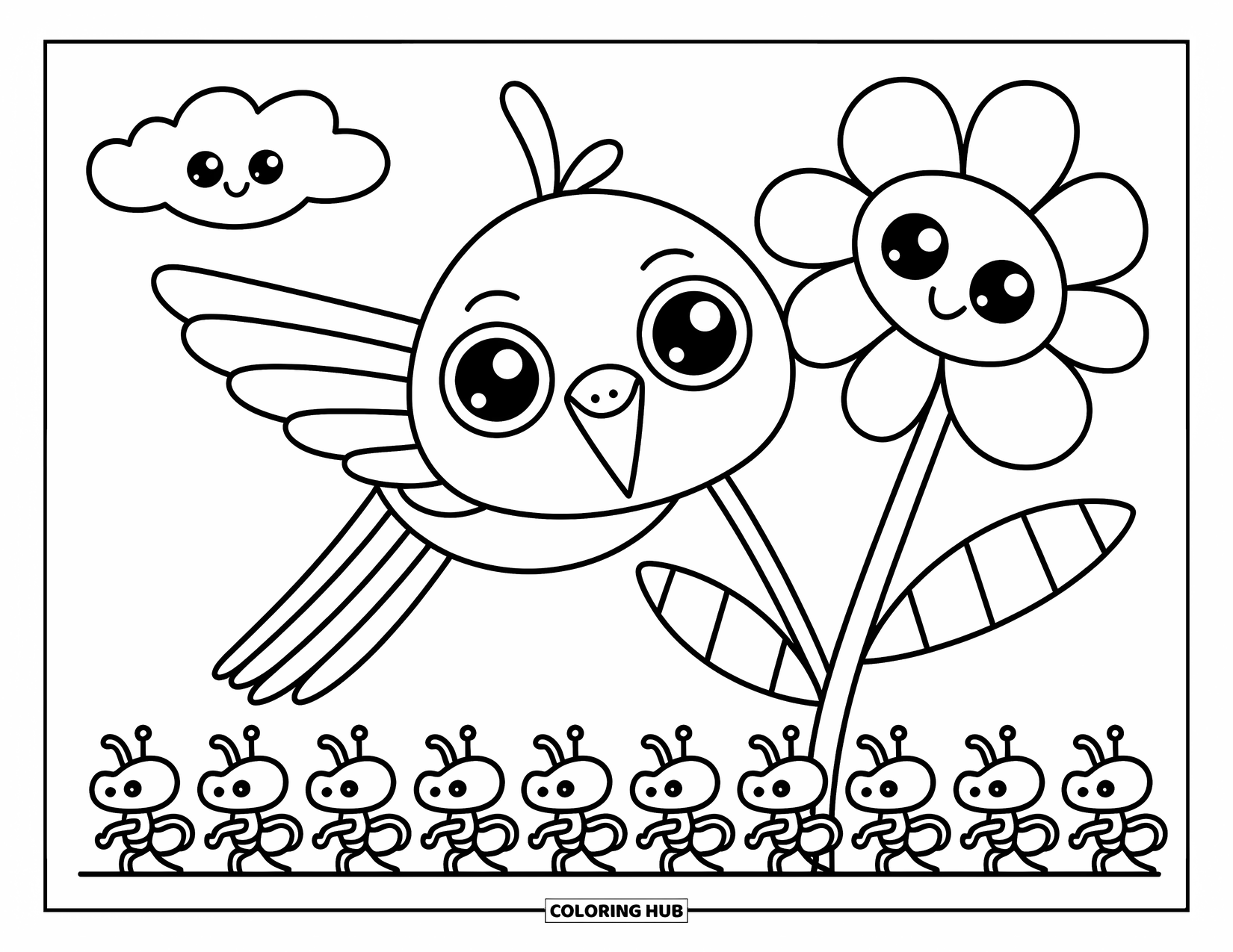 Kolibrie Kleurplaat voor Volwassenen: Een kleine kolibrie piept uit een bloem terwijl mieren en een glimlachende wolk meedoen