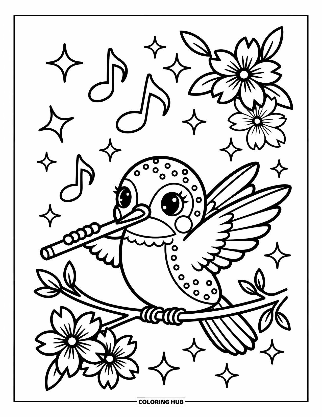 Kolibrie Kleurplaat voor Volwassenen: Een muzikale kolibrie speelt fluit tussen kersenbloesems en zachte sterren