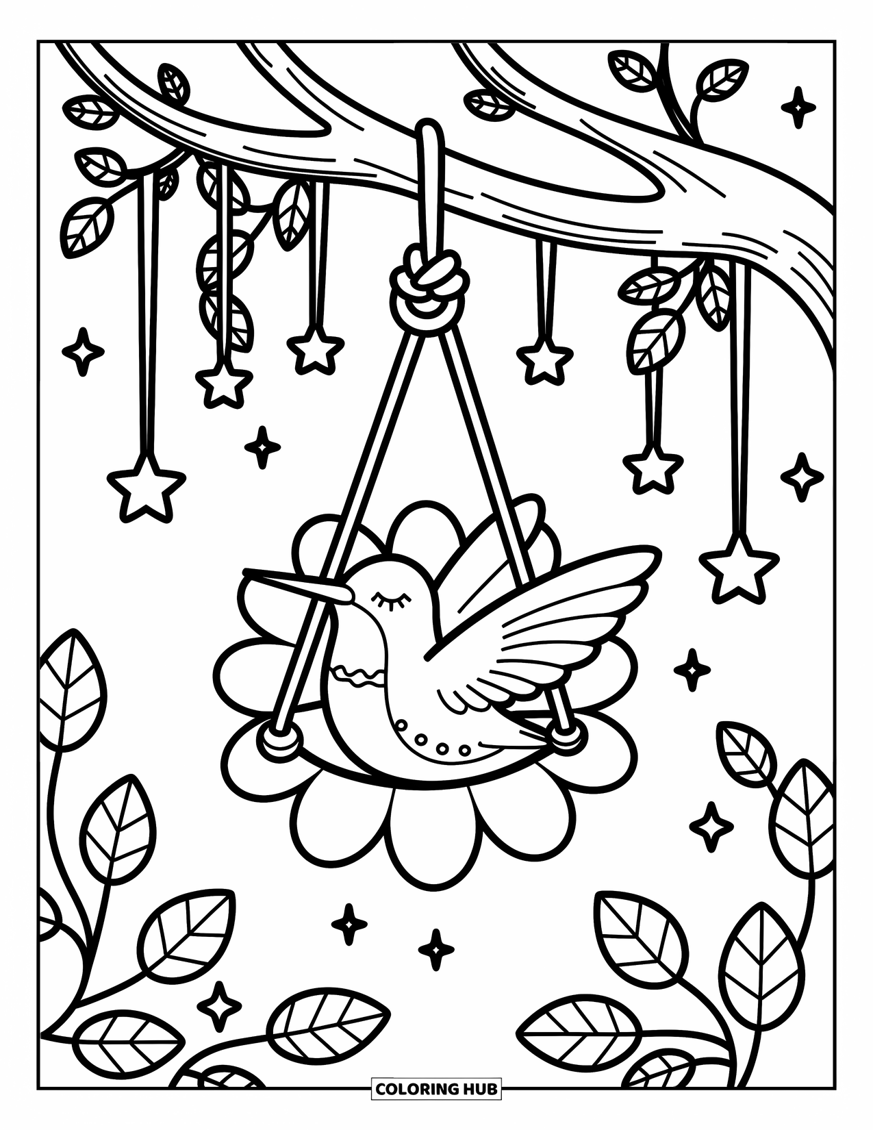 Kolibrie Kleurplaat voor Volwassenen: Een vredige vogel doet een dutje in een schommel terwijl sterren zachtjes boven het hoofd bungelen