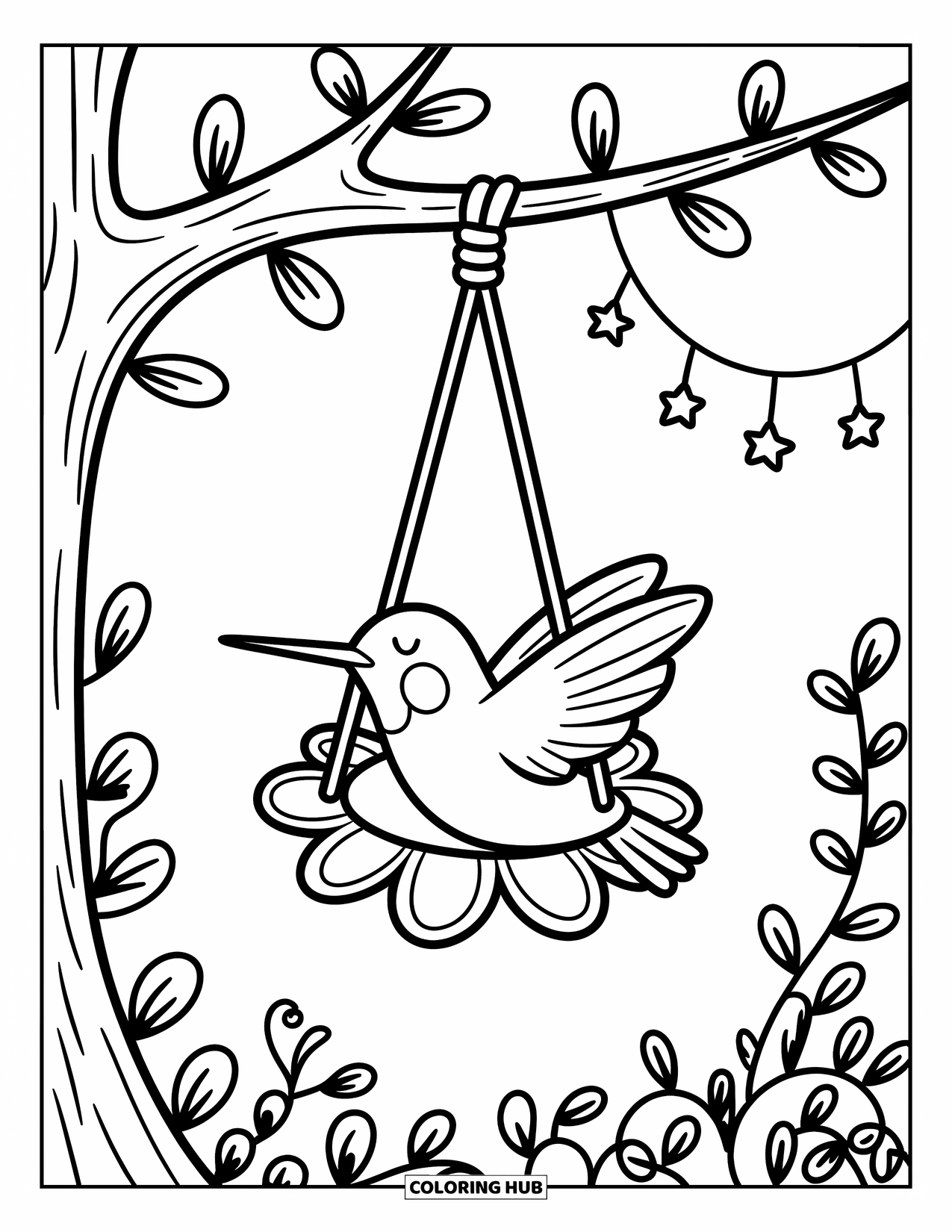 Kolibrie Kleurplaat voor Volwassenen: Een slapende kolibrie rust in een schommel omringd door wijnranken en kleine sterren