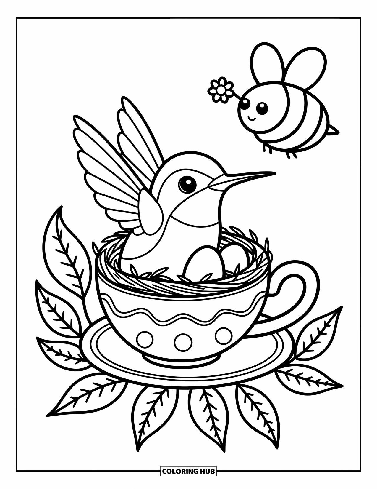 Kolibrie Kleurplaat voor Volwassenen: Een lieve kolibrie rust in een theekopnest naast twee kleine eieren